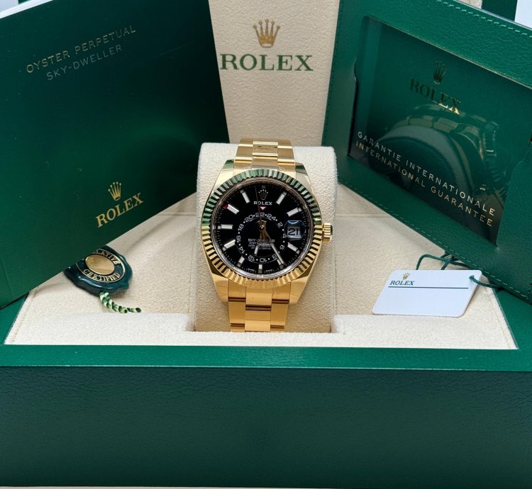 Rolex Sky-dweller New 2022 Black Dial Yellow Gold Fluted Bezel Oyster Bracelet