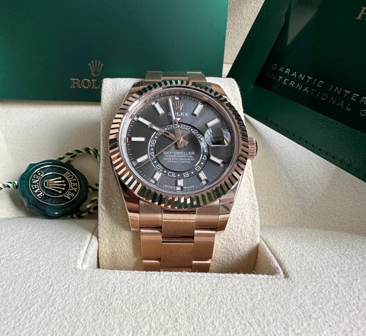 Rolex Sky-dweller New Release 2023 Rose Gold Rhodium Gray Dial Fluted Bezel 18k 42mm