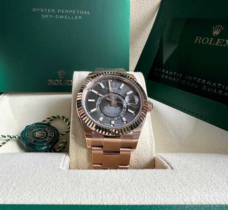 Rolex Sky-dweller New Release 2023 Rose Gold Rhodium Gray Dial Fluted Bezel 18k 42mm