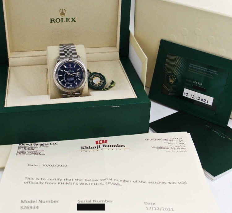 Rolex Sky-dweller Oman Ref 326934 Box Paper Full Set New Stickers Blue Dial Year 12 2021