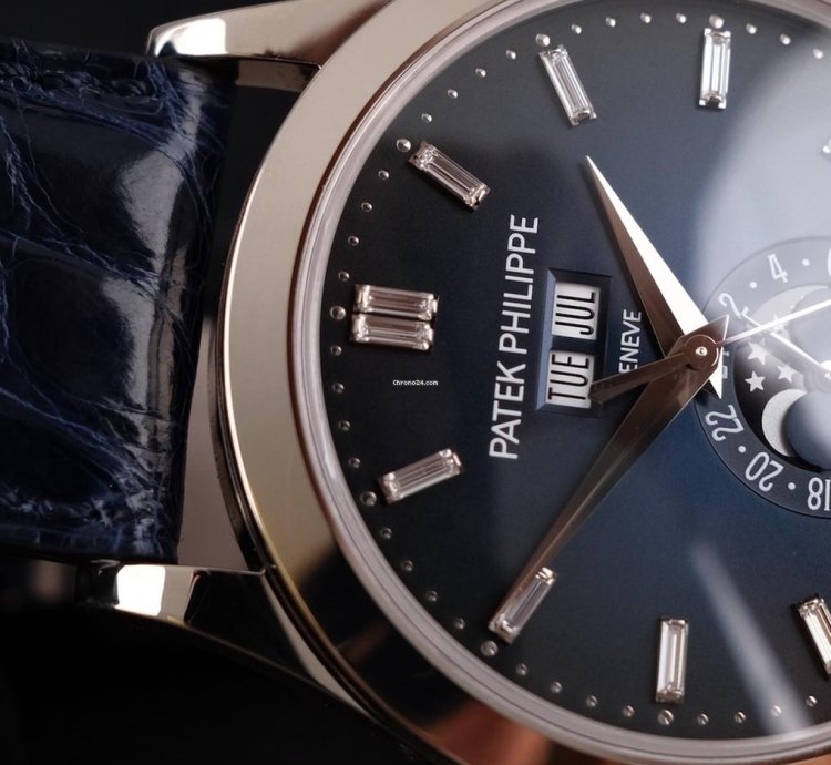 Patek Philippe Annual Calendar Blue Baguette Diamond Dial 5396g-017 Papers Box German Delivered Moonphase 18k White Gold