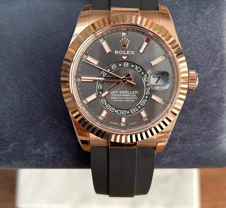 Rolex Sky-dweller Slate Dial In Everose Gold On Oysterflex