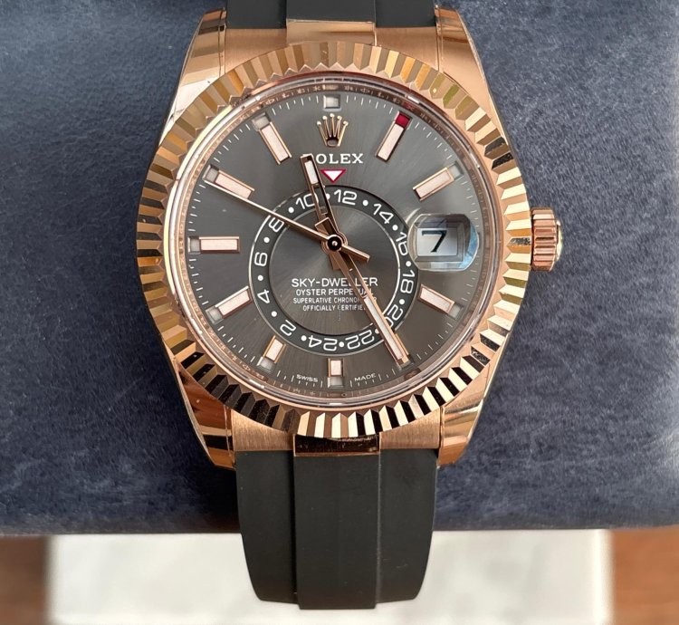 Rolex Sky-dweller Slate Dial In Everose Gold On Oysterflex