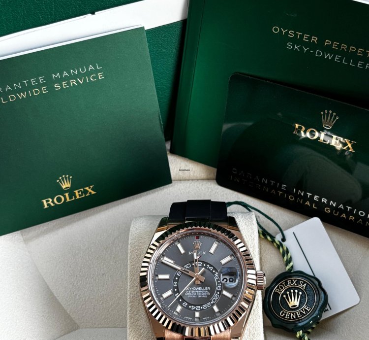 Rolex Sky-dweller Slate Dial In Everose Gold On Oysterflex