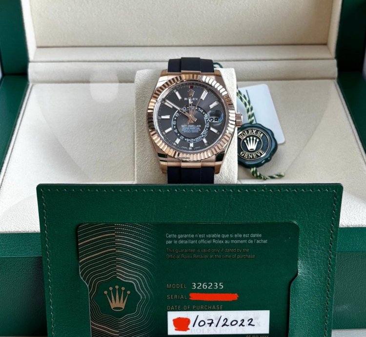 Rolex Sky-dweller Slate Dial In Everose Gold On Oysterflex