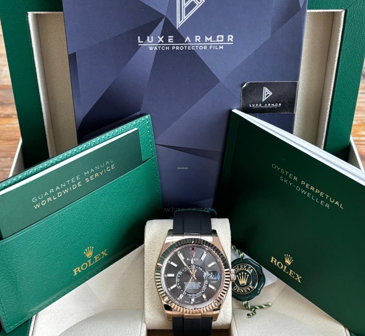 Rolex Sky-dweller Slate Dial In Everose Gold On Oysterflex