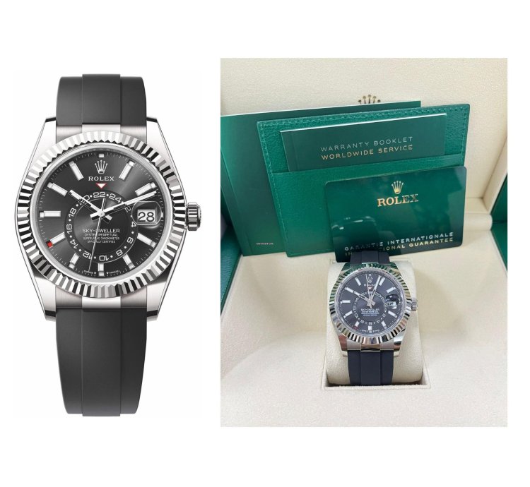 Rolex Sky-dweller White Gold Fluted Bezel Black Index Dial Oysterflex Strap 336239