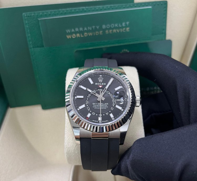 Rolex Sky-dweller White Gold Fluted Bezel Black Index Dial Oysterflex Strap 336239