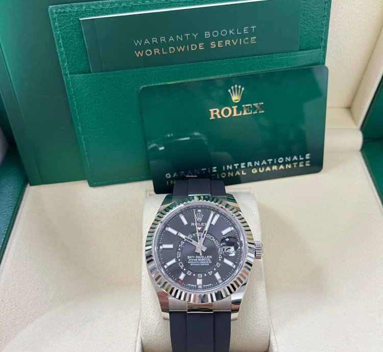 Rolex Sky-dweller White Gold Fluted Bezel Black Index Dial Oysterflex Strap 336239