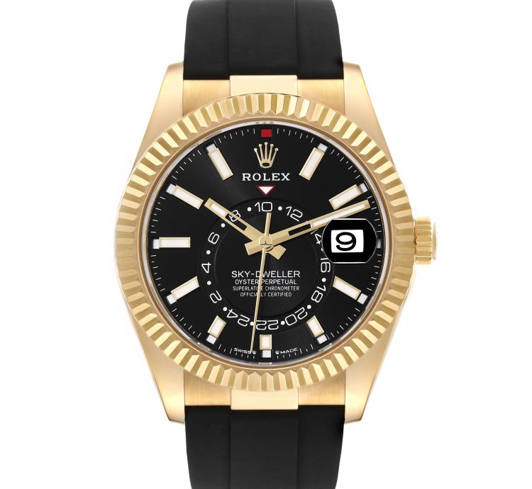 Rolex Sky-dweller Yellow Gold Black Dial Oysterflex Mens Watch 336238 Unworn