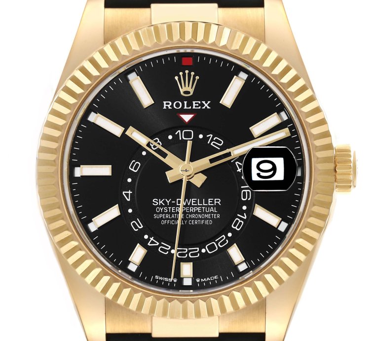 Rolex Sky-dweller Yellow Gold Black Dial Oysterflex Mens Watch 336238 Unworn