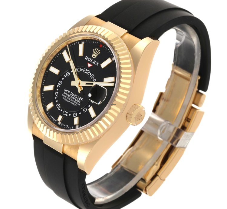 Rolex Sky-dweller Yellow Gold Black Dial Oysterflex Mens Watch 336238 Unworn