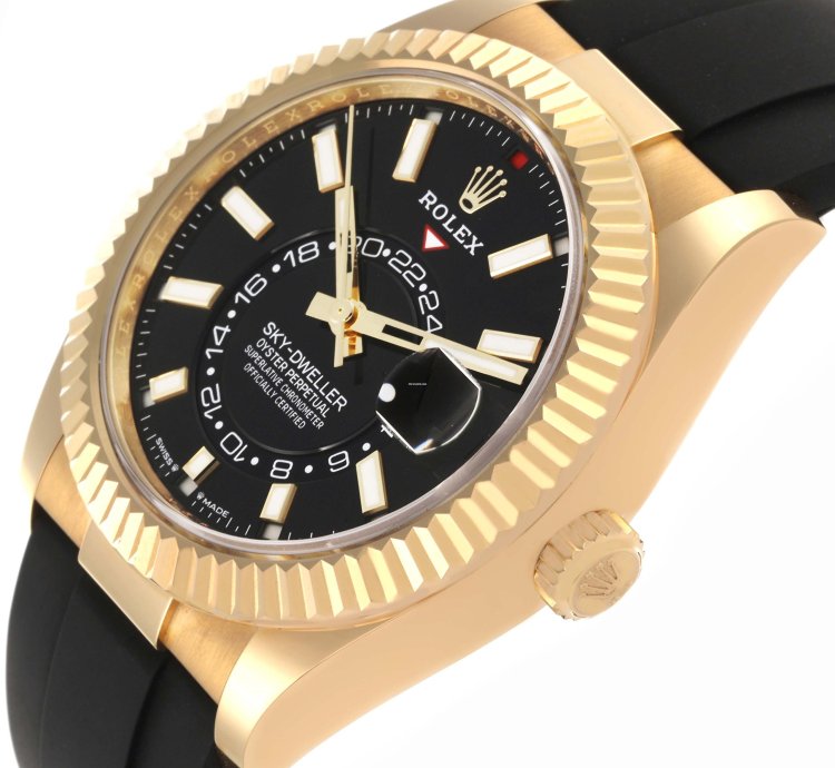 Rolex Sky-dweller Yellow Gold Black Dial Oysterflex Mens Watch 336238 Unworn
