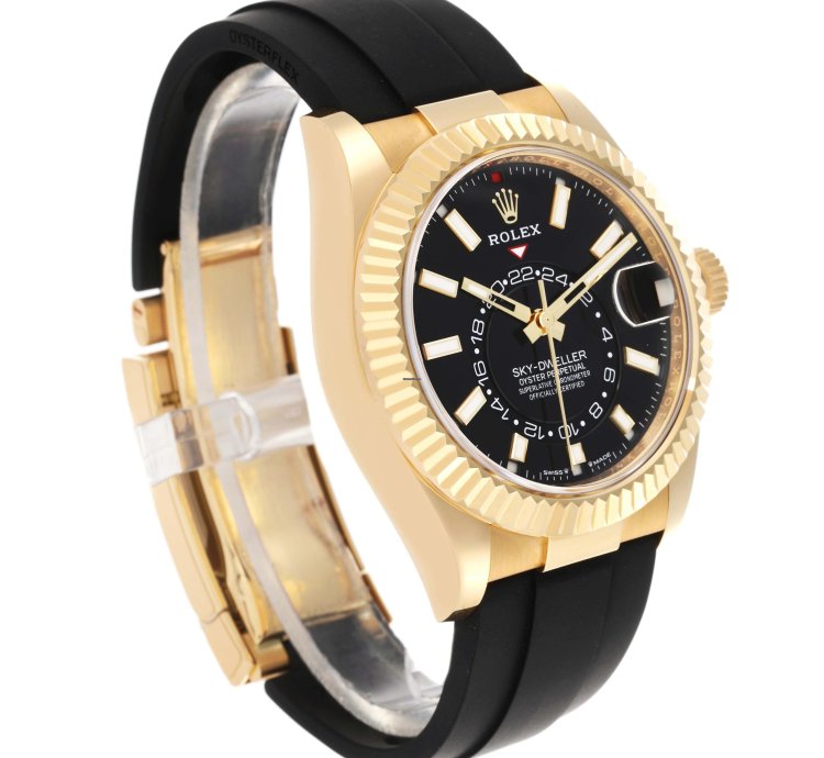 Rolex Sky-dweller Yellow Gold Black Dial Oysterflex Mens Watch 336238 Unworn