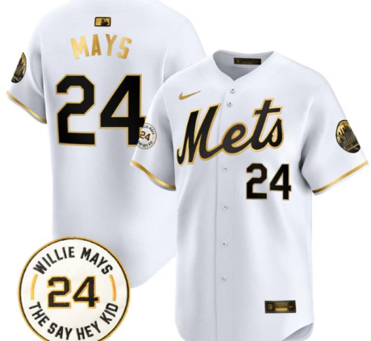 Willie Mays Jersey 24 New York Mets Willie Mays Patch Vapor Premier Limited Stitched White Gold