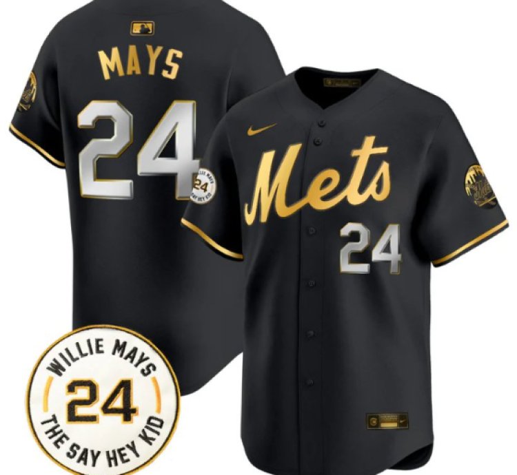 Willie Mays Jersey 24 New York Mets Willie Mays Patch Vapor Premier Limited Stitched Black Gold