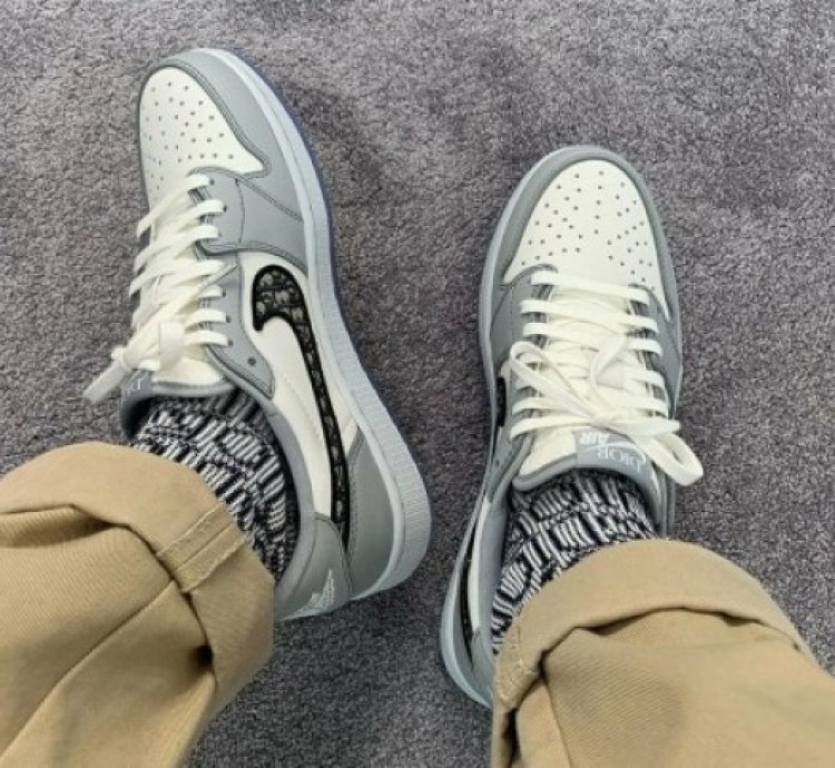 Dior X Nike Air Jordan 1 Low Grey White Basketball Sneakers Semi Ua