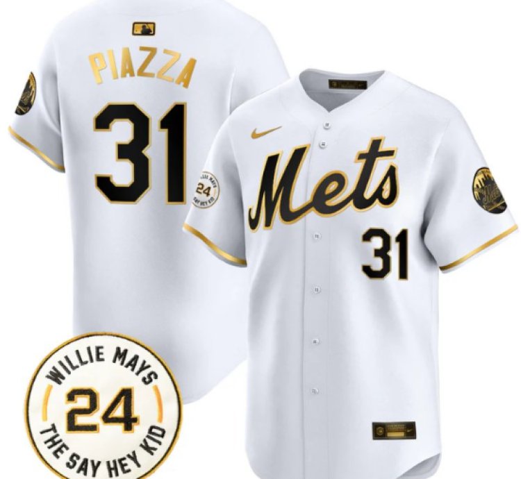 Mike Piazza Jersey 31 Mets Willie Mays Patch Vapor Premier Limited Stitched White Gold