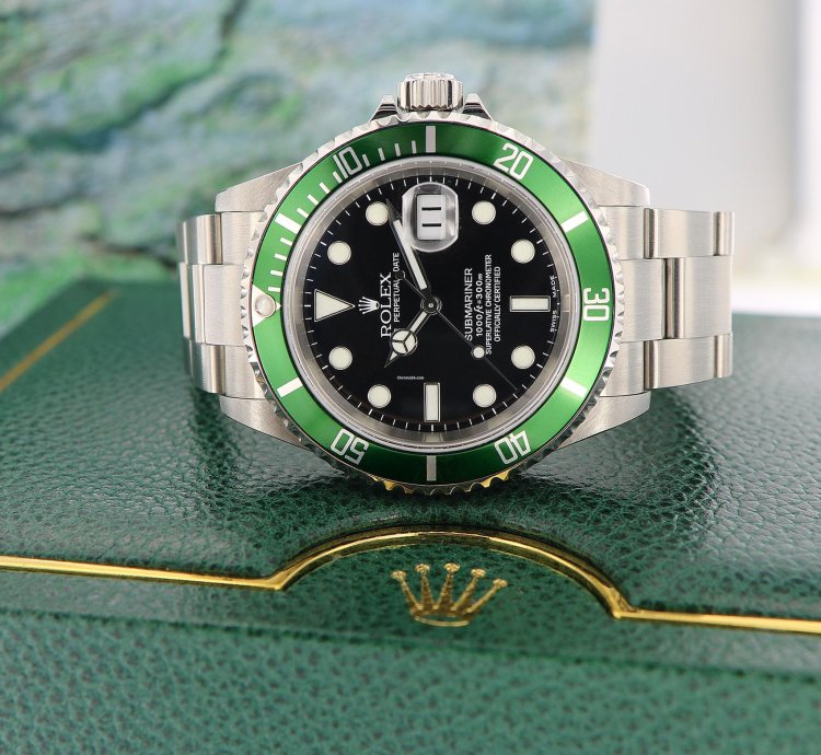 Rolex Submariner Date Green Bezel Ref 16610lv Fat Four Bezel Nos Full Set 2004