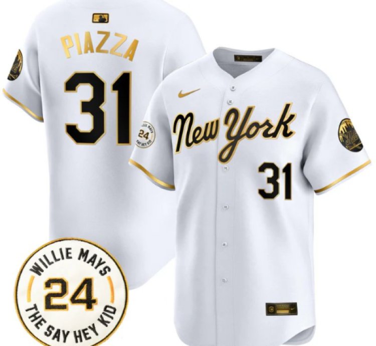 Mike Piazza Jersey 31 Mets Willie Mays Patch Vapor Premier Limited Stitched New York Gold