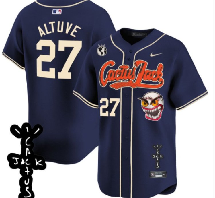 José Altuve 27 Houston Astros Cactus Jack Patch V2 Men Jersey - Navy