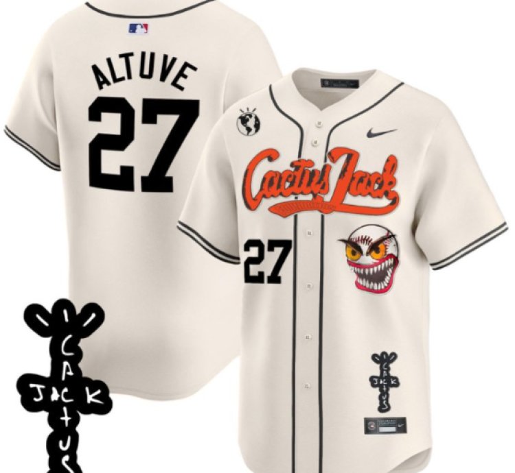 José Altuve 27 Houston Astros Cactus Jack Patch V2 Men Jersey - Cream