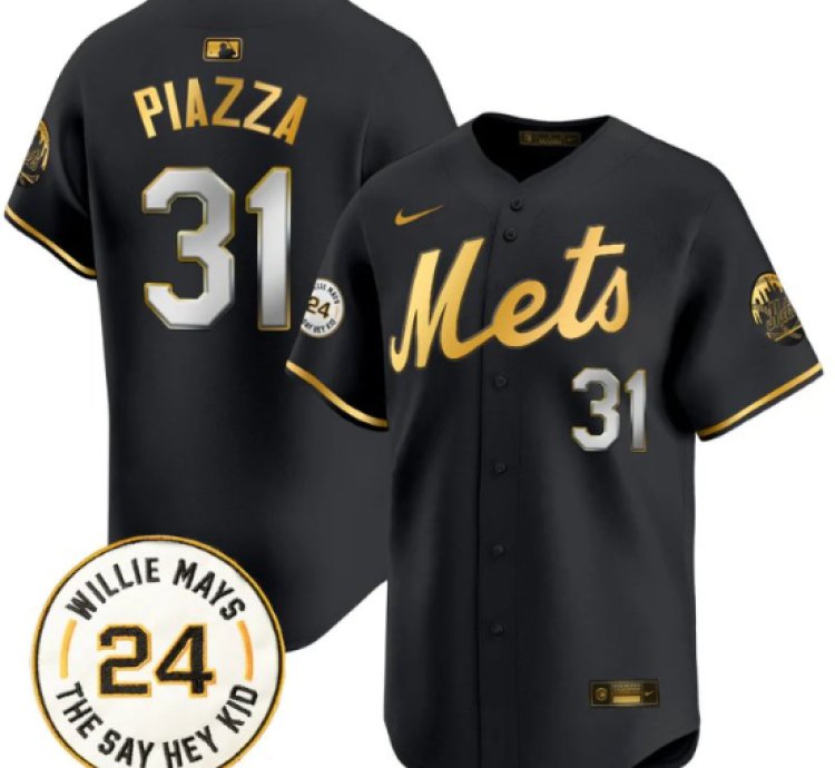 Mike Piazza Jersey 31 Mets Willie Mays Patch Vapor Premier Limited Stitched Black Gold