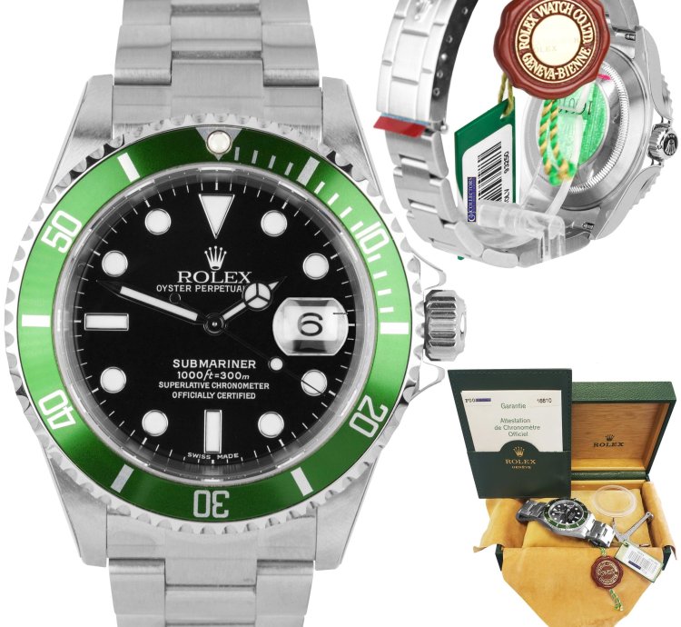 Rolex Submariner Date Nos Stickered 2003 Rolex Submariner Kermit Green Flat 4 -serial Watch 16610 Lv