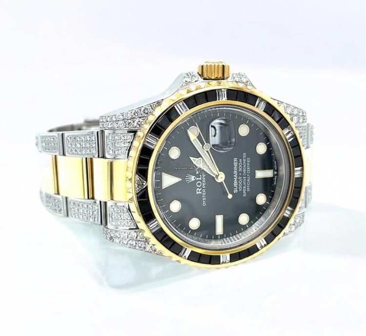 Rolex Submariner Date Oyster Custom Diamond Black Onyx Bezel - Iced Out