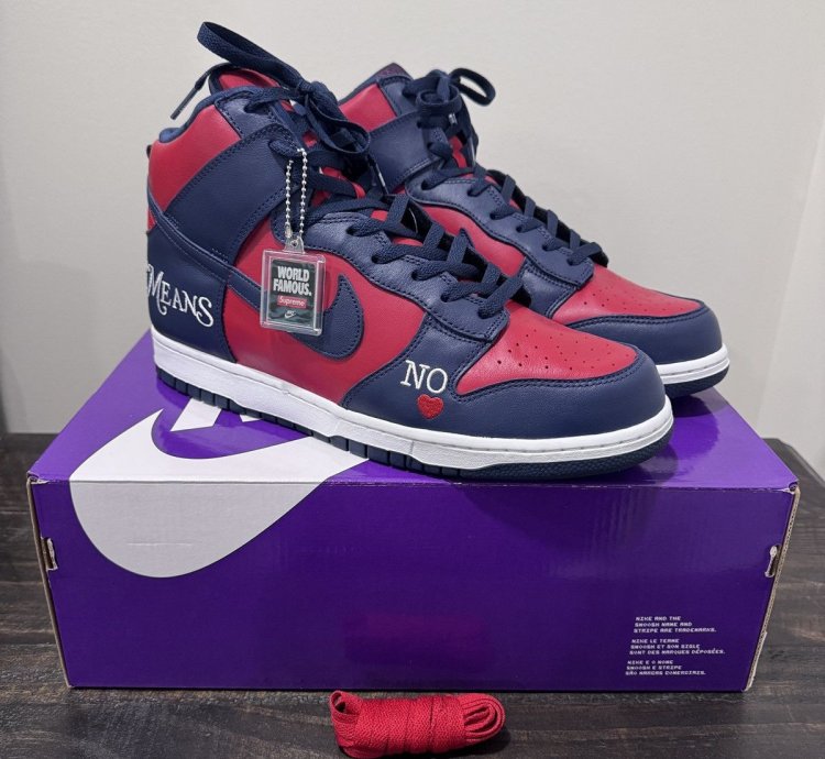 Supreme Dunk High Sb By Any Means Red Navy