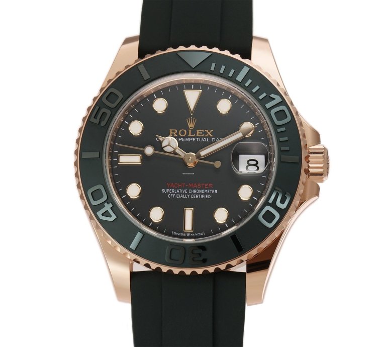 Rolex Yacht-master 37 18k Eversose Gold Ceramic Bezel Black Dial Oysterflex