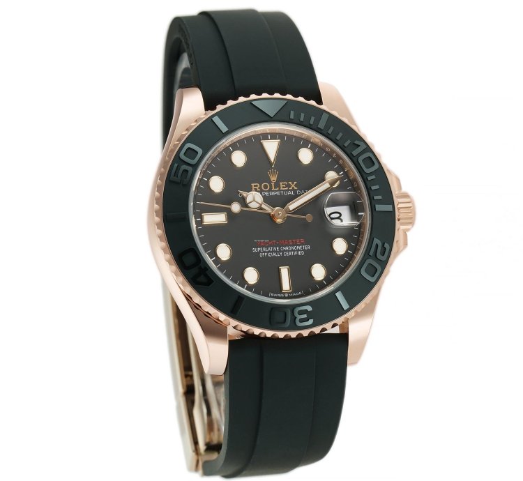 Rolex Yacht-master 37 18k Eversose Gold Ceramic Bezel Black Dial Oysterflex