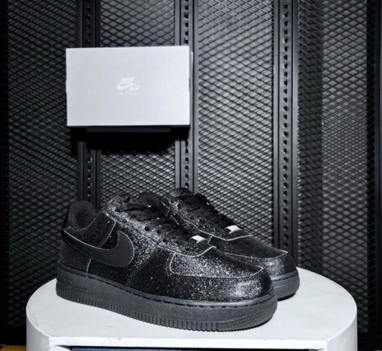 Nik E Air Force 1 All Black Glitter Sneakers