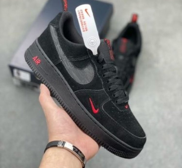 Nik E Air Force 1 Low Multi Swoosh Black Crimson Sneakers