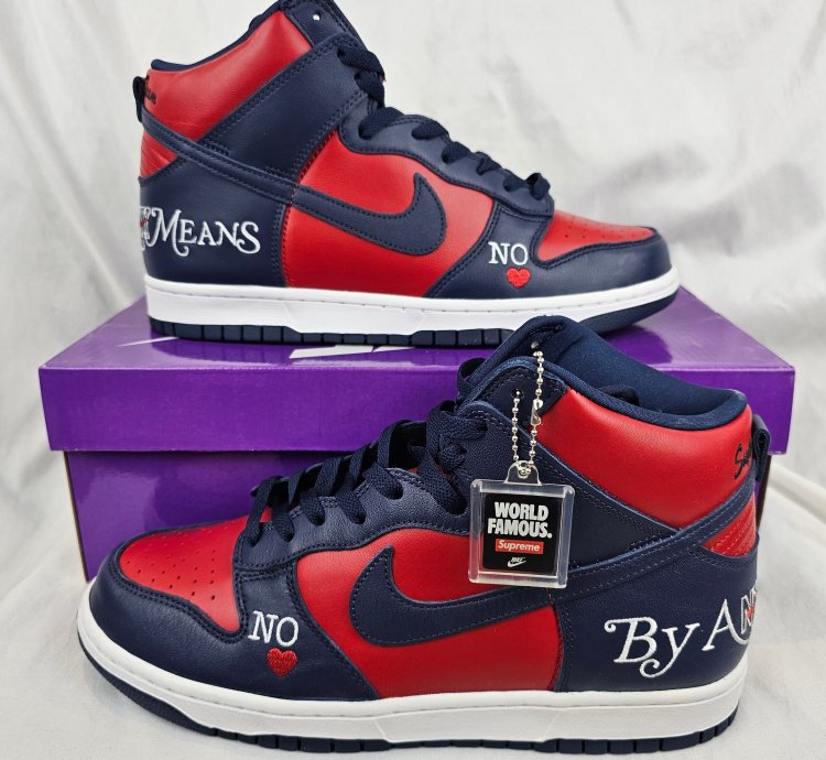 Supreme Nike Sb Dunk High By Any Means Navy Red Men