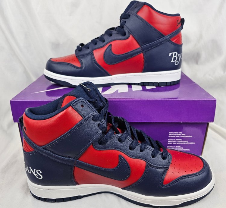 Supreme Nike Sb Dunk High By Any Means Navy Red Men