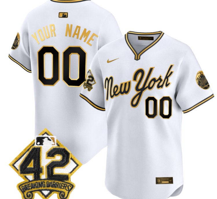 Custom New York Mets Jersey 2025 Jackie Robinson Patch Road Alternate Stitched White Gold