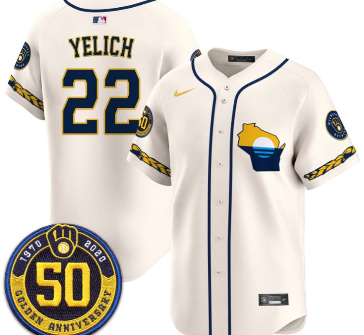 Christian Yelich Jersey 22 Milwaukee Brewers Golden 50th Anniversary Patch Stitched Cream