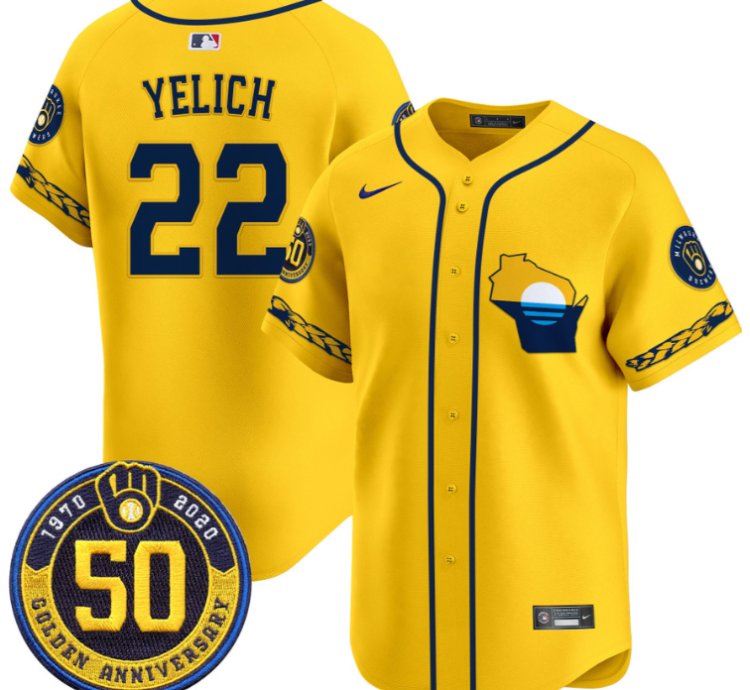 Christian Yelich Jersey 22 Milwaukee Brewers Golden 50th Anniversary Patch Stitched Gold