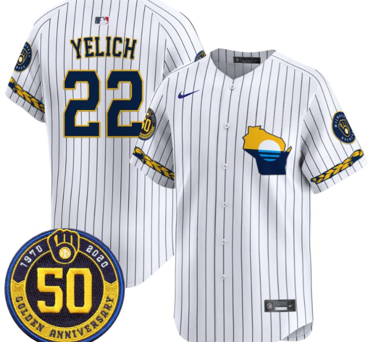 Christian Yelich Jersey 22 Milwaukee Brewers Golden 50th Anniversary Patch Stitched Pinstripe