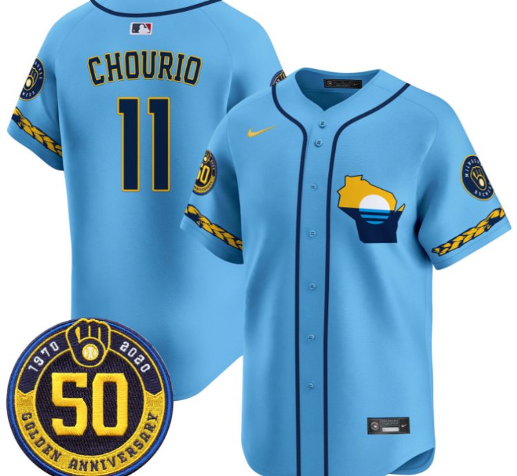 Jackson Chourio Jersey 11 Milwaukee Brewers Golden 50th Anniversary Patch Stitched Blue