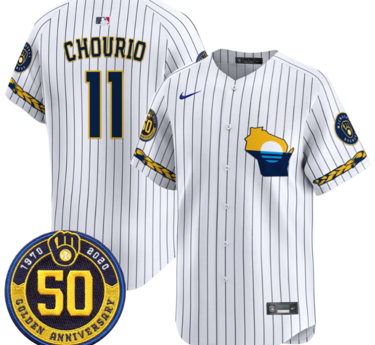 Jackson Chourio Jersey 11 Milwaukee Brewers Golden 50th Anniversary Patch Stitched Pinstripe