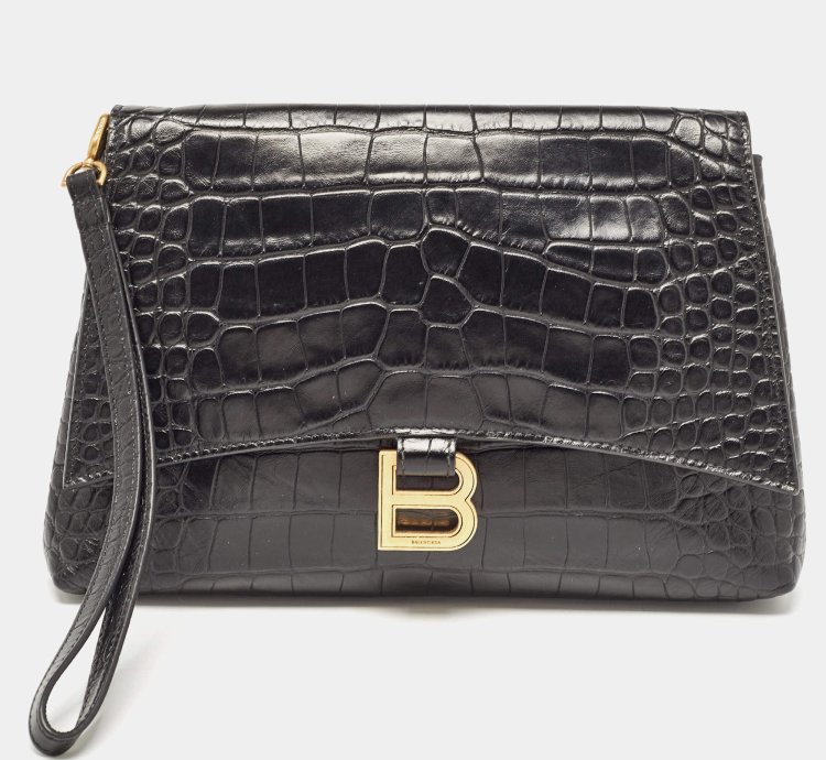 Balenciaga Black Croc Embossed Leather Crush Pochette