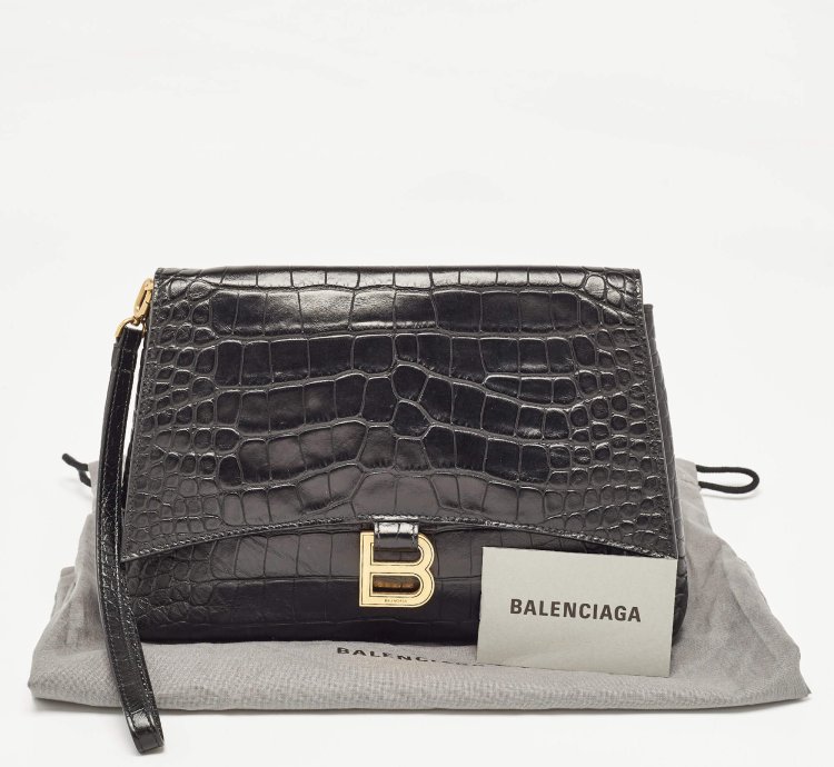 Balenciaga Black Croc Embossed Leather Crush Pochette