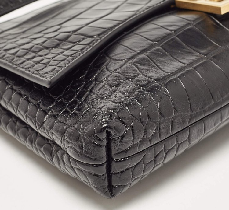 Balenciaga Black Croc Embossed Leather Crush Pochette