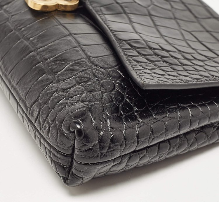 Balenciaga Black Croc Embossed Leather Crush Pochette
