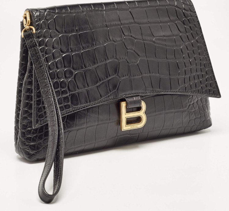 Balenciaga Black Croc Embossed Leather Crush Pochette