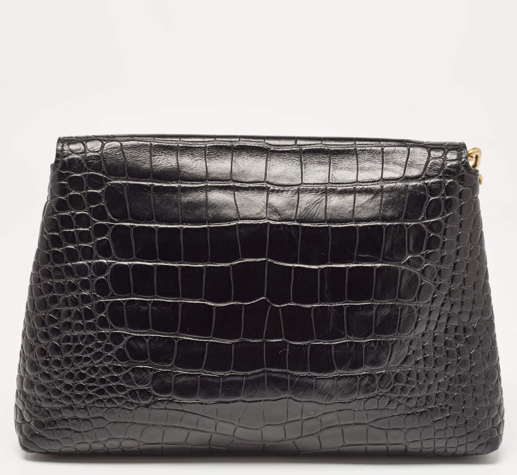 Balenciaga Black Croc Embossed Leather Crush Pochette
