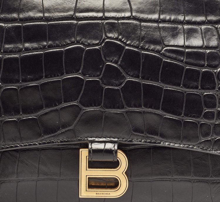 Balenciaga Black Croc Embossed Leather Crush Pochette
