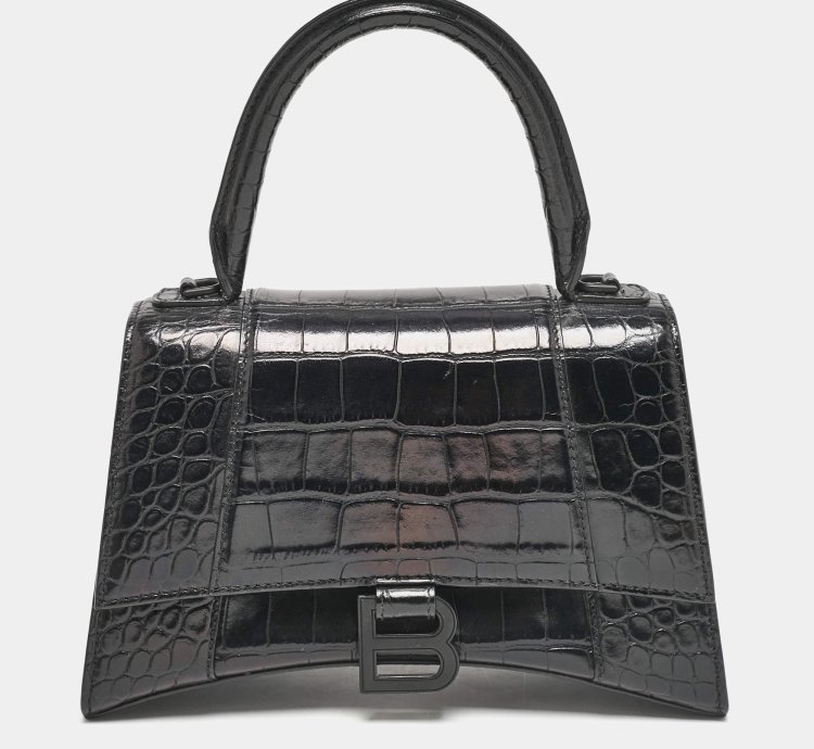 Balenciaga Black Croc Embossed Leather Small Hourglass Top Handle Bag
